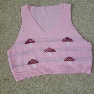Shein Pink/Red Mushroom 3X Crop Pullover Vest Cottagecore Boho Hippi